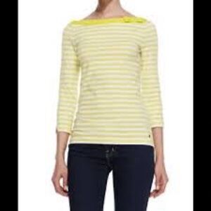 Kate Spade yellow striped t shirt 3/4 sleeves bow rounded neckline size Large